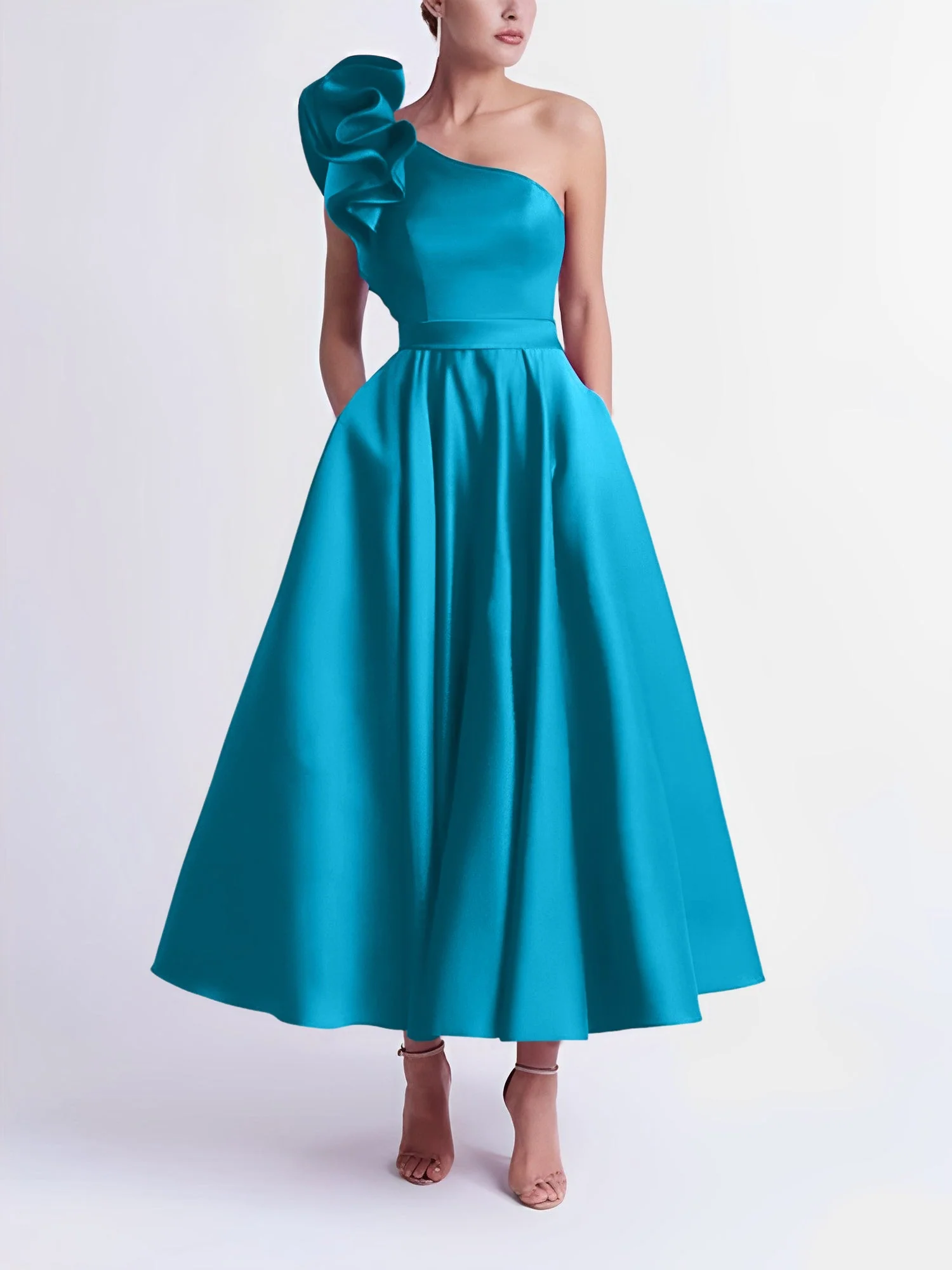 A-Line/Princess One-Shoulder Tea-Length Prom Dresses - Image 45