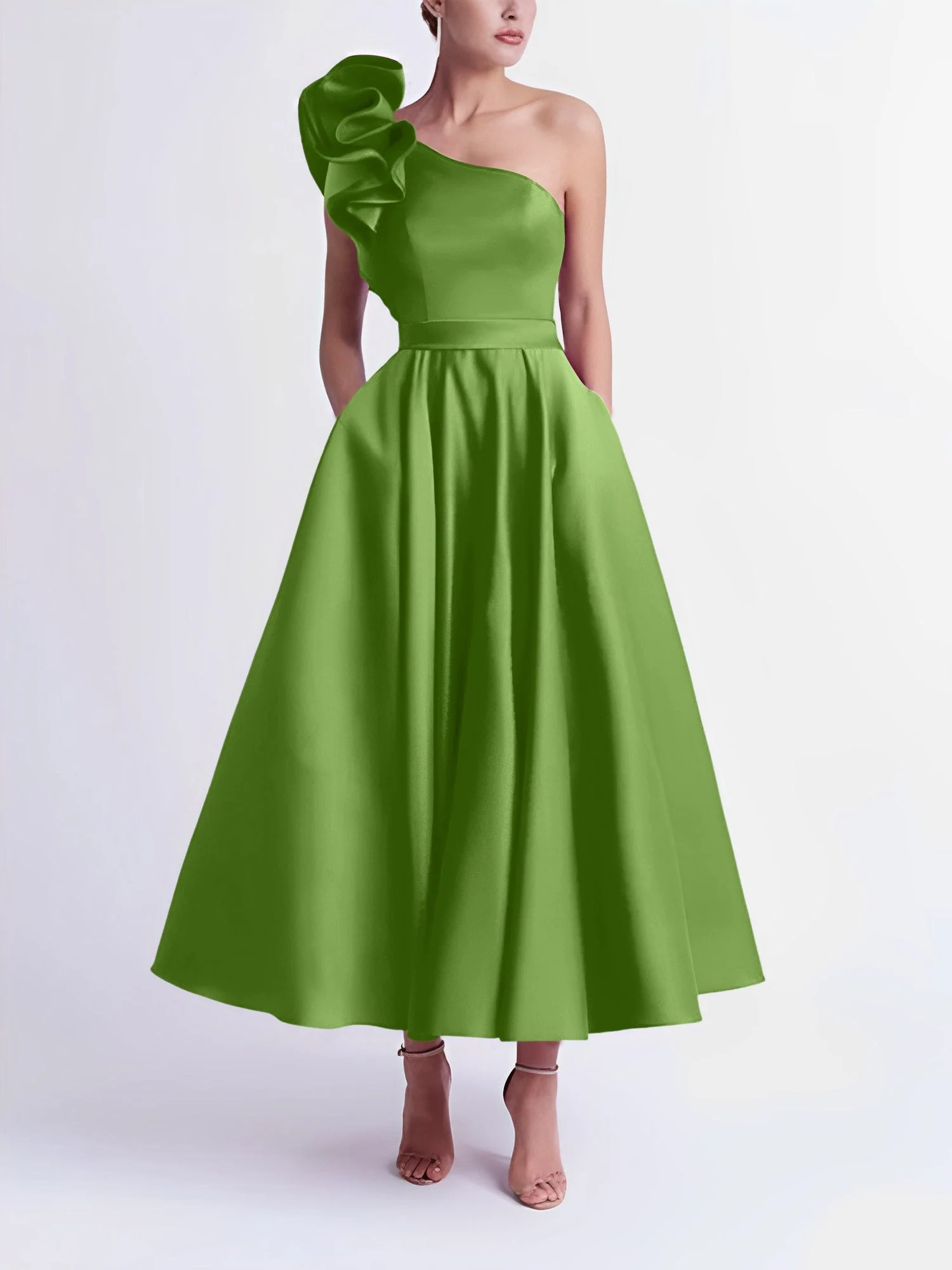 A-Line/Princess One-Shoulder Tea-Length Prom Dresses - Image 46