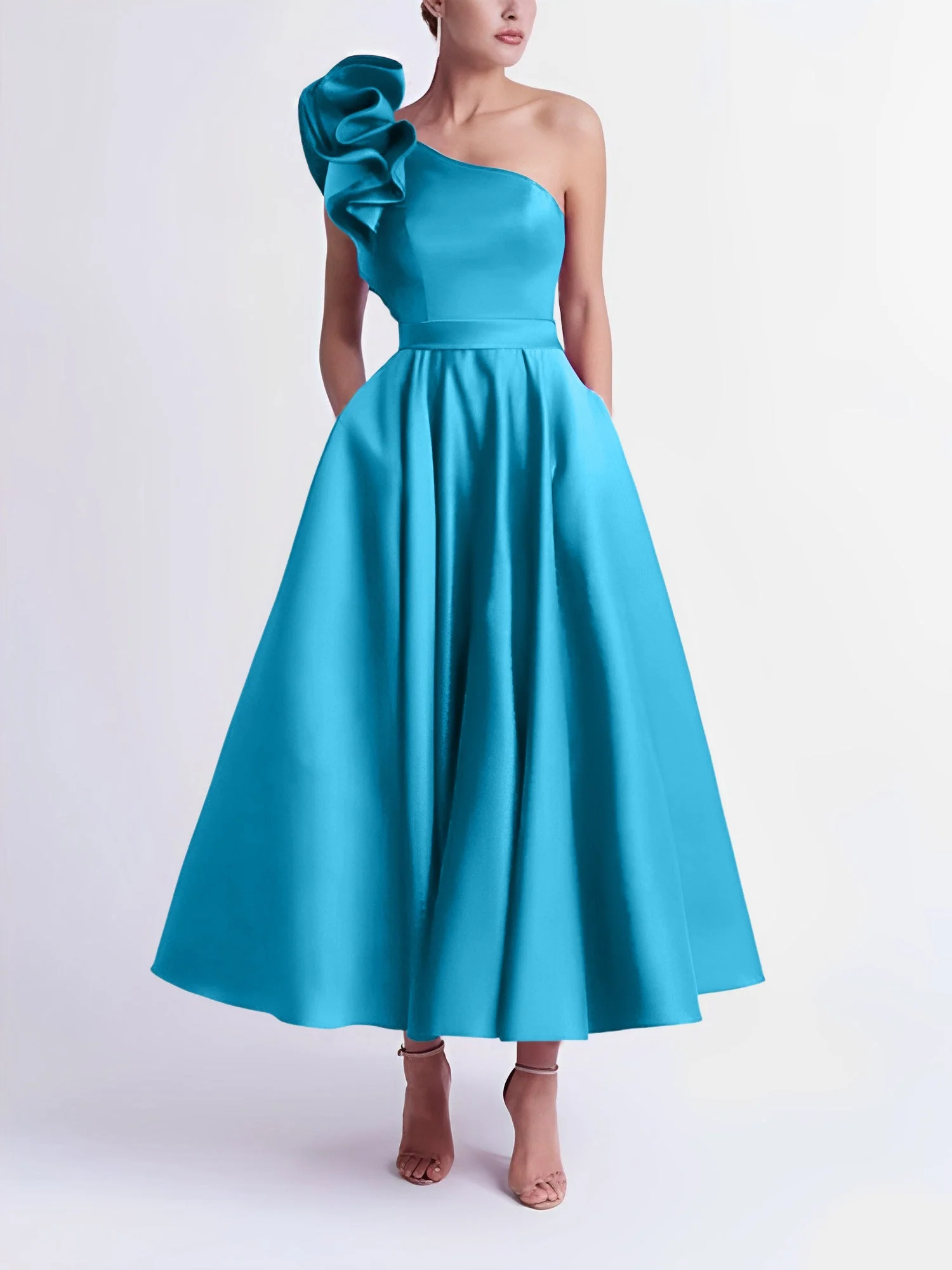 A-Line/Princess One-Shoulder Tea-Length Prom Dresses - Image 5