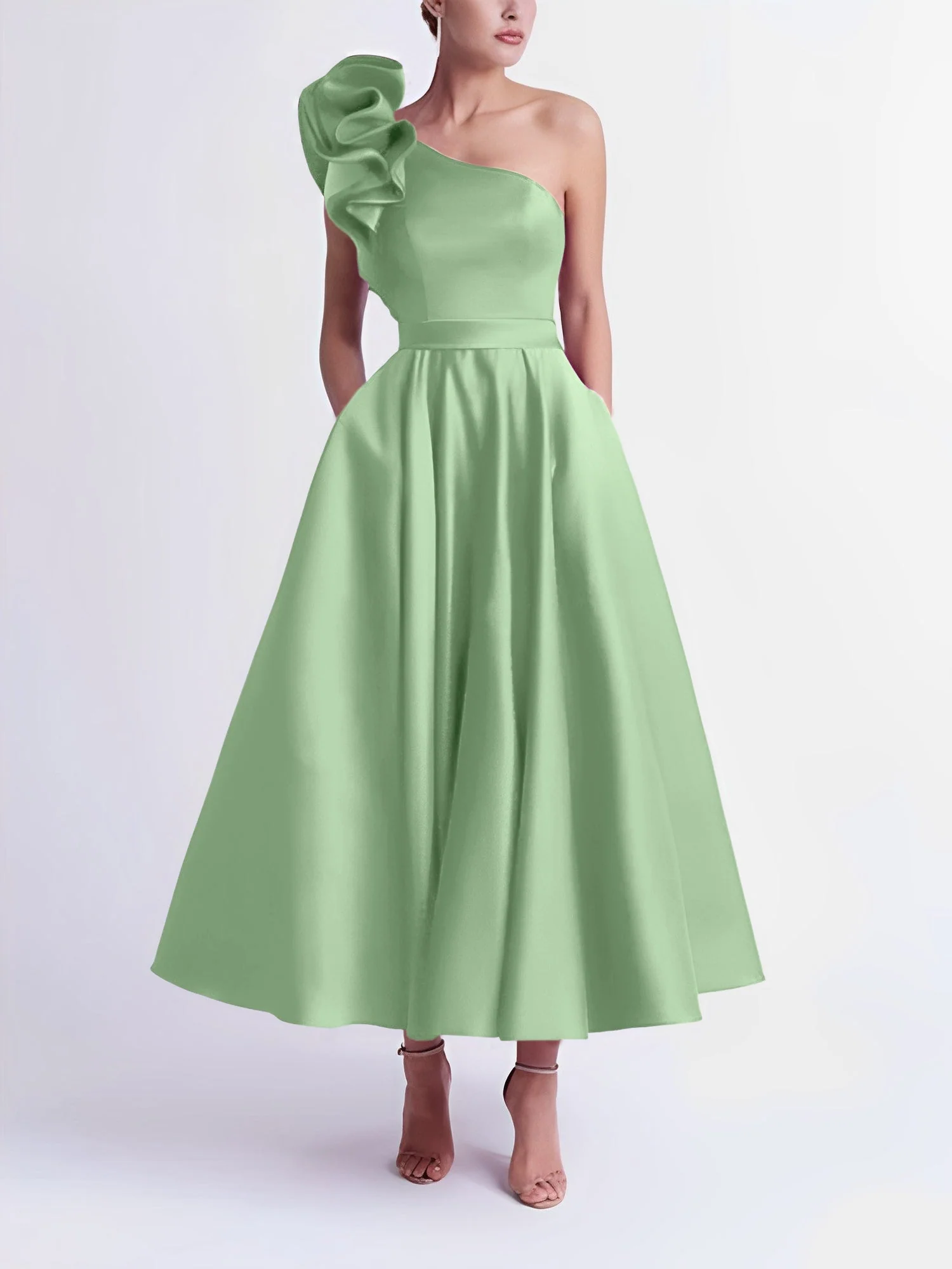 A-Line/Princess One-Shoulder Tea-Length Prom Dresses - Image 58