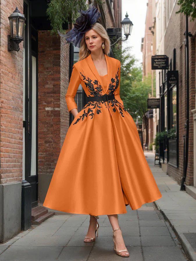 A-Line/Princess Plunge V-Neck 3/4 Sleeves Ankle-Length Pleated Mother of the Bride Dresses with Appliques & Belt - Image 37