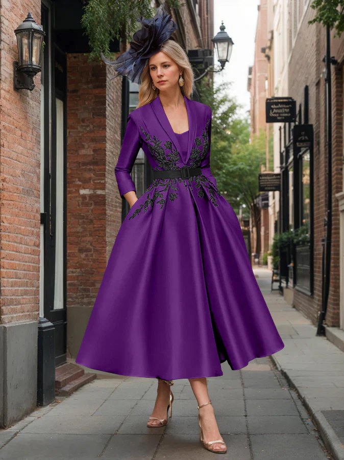A-Line/Princess Plunge V-Neck 3/4 Sleeves Ankle-Length Pleated Mother of the Bride Dresses with Appliques & Belt - Image 40