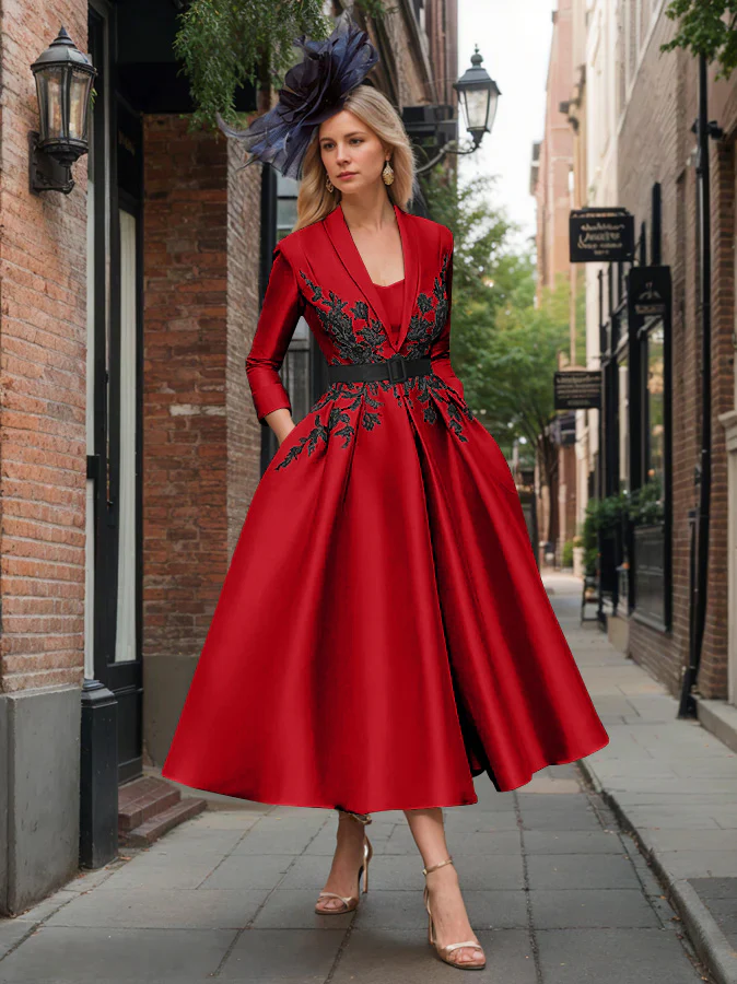 A-Line/Princess Plunge V-Neck 3/4 Sleeves Ankle-Length Pleated Mother of the Bride Dresses with Appliques & Belt - Image 42