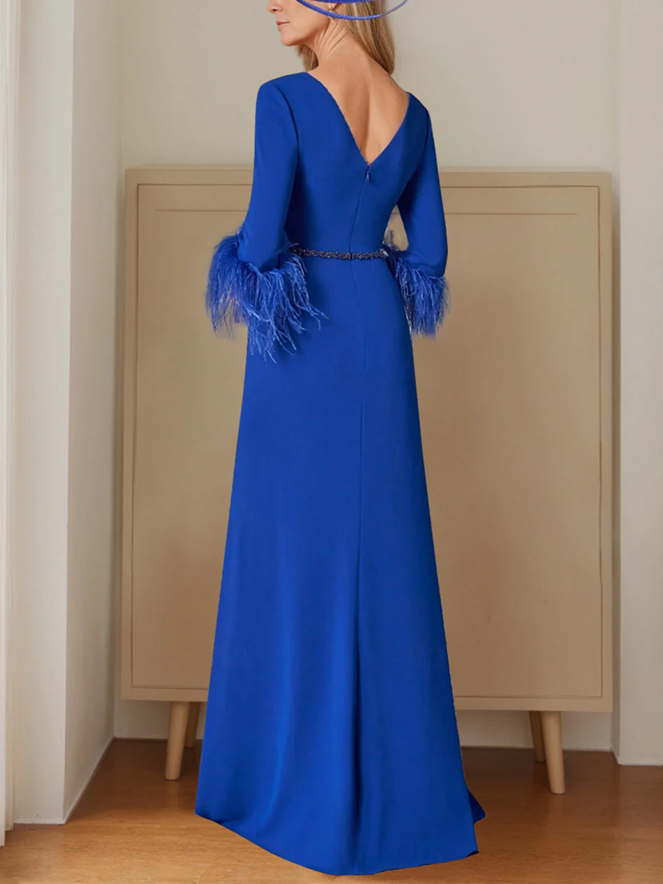 A-Line/Princess Plunging Neck 3/4 Length Sleeve Floor-Length Pleats Feather Mother Of The Bride Dresses - Image 2