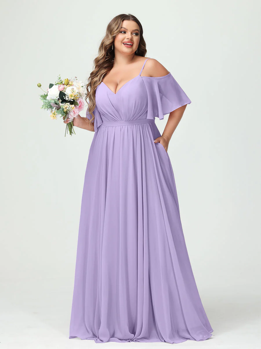 A-Line/Princess/Princess Spaghetti Straps Half Sleeves Chiffon Plus Size Bridesmaid Dresses with Pockets - Image 15