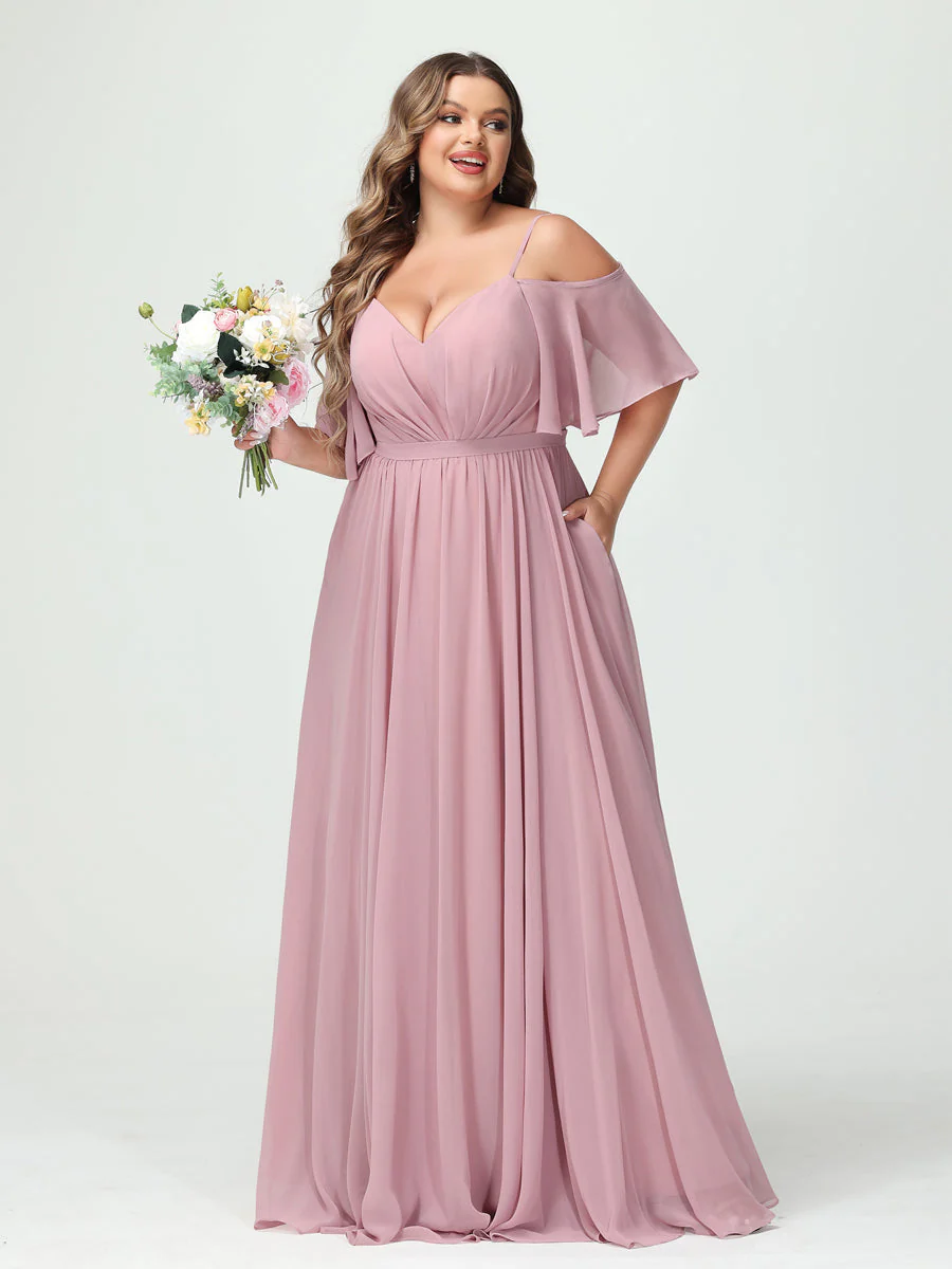 A-Line/Princess/Princess Spaghetti Straps Half Sleeves Chiffon Plus Size Bridesmaid Dresses with Pockets - Image 2