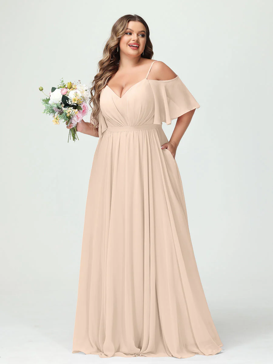 A-Line/Princess/Princess Spaghetti Straps Half Sleeves Chiffon Plus Size Bridesmaid Dresses with Pockets - Image 24