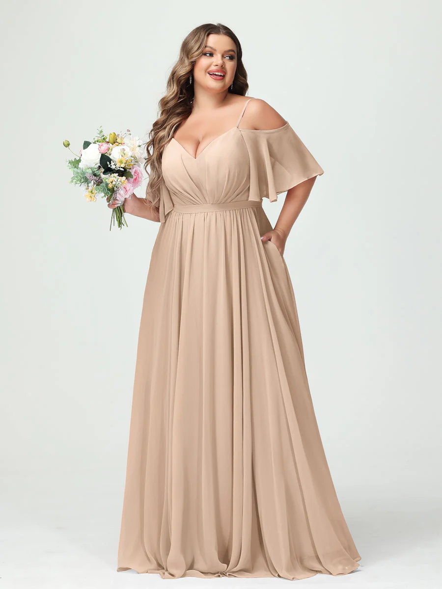 A-Line/Princess/Princess Spaghetti Straps Half Sleeves Chiffon Plus Size Bridesmaid Dresses with Pockets - Image 30