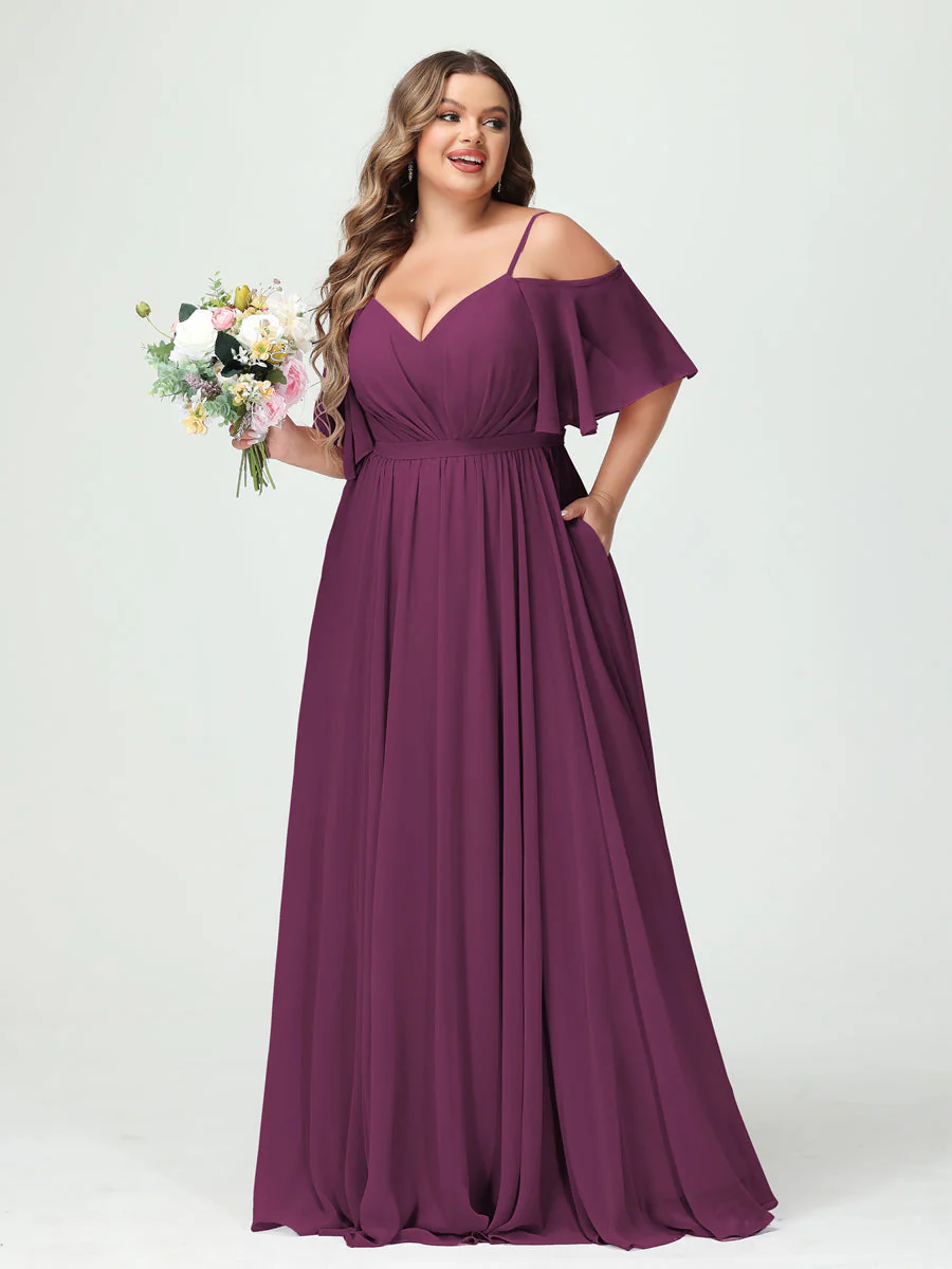 A-Line/Princess/Princess Spaghetti Straps Half Sleeves Chiffon Plus Size Bridesmaid Dresses with Pockets - Image 45