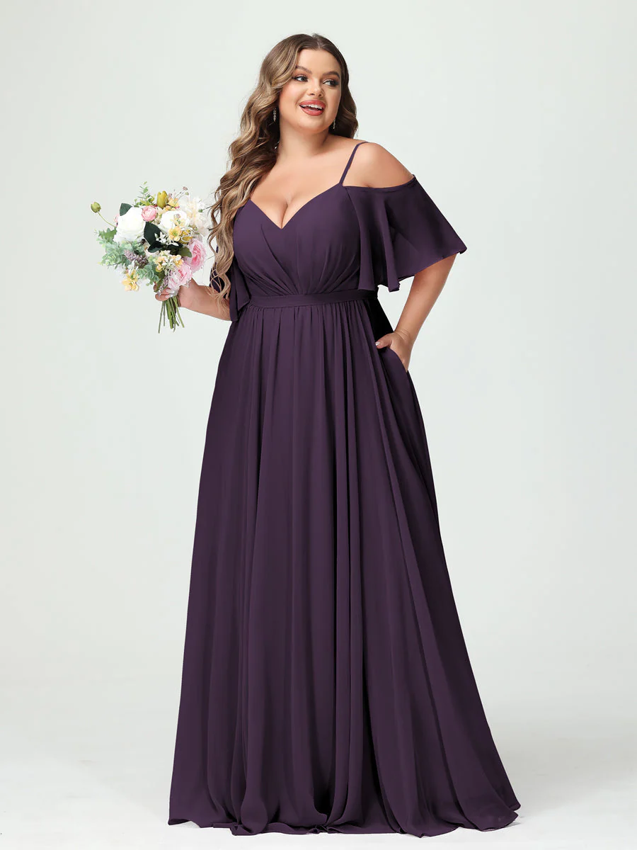 A-Line/Princess/Princess Spaghetti Straps Half Sleeves Chiffon Plus Size Bridesmaid Dresses with Pockets - Image 47