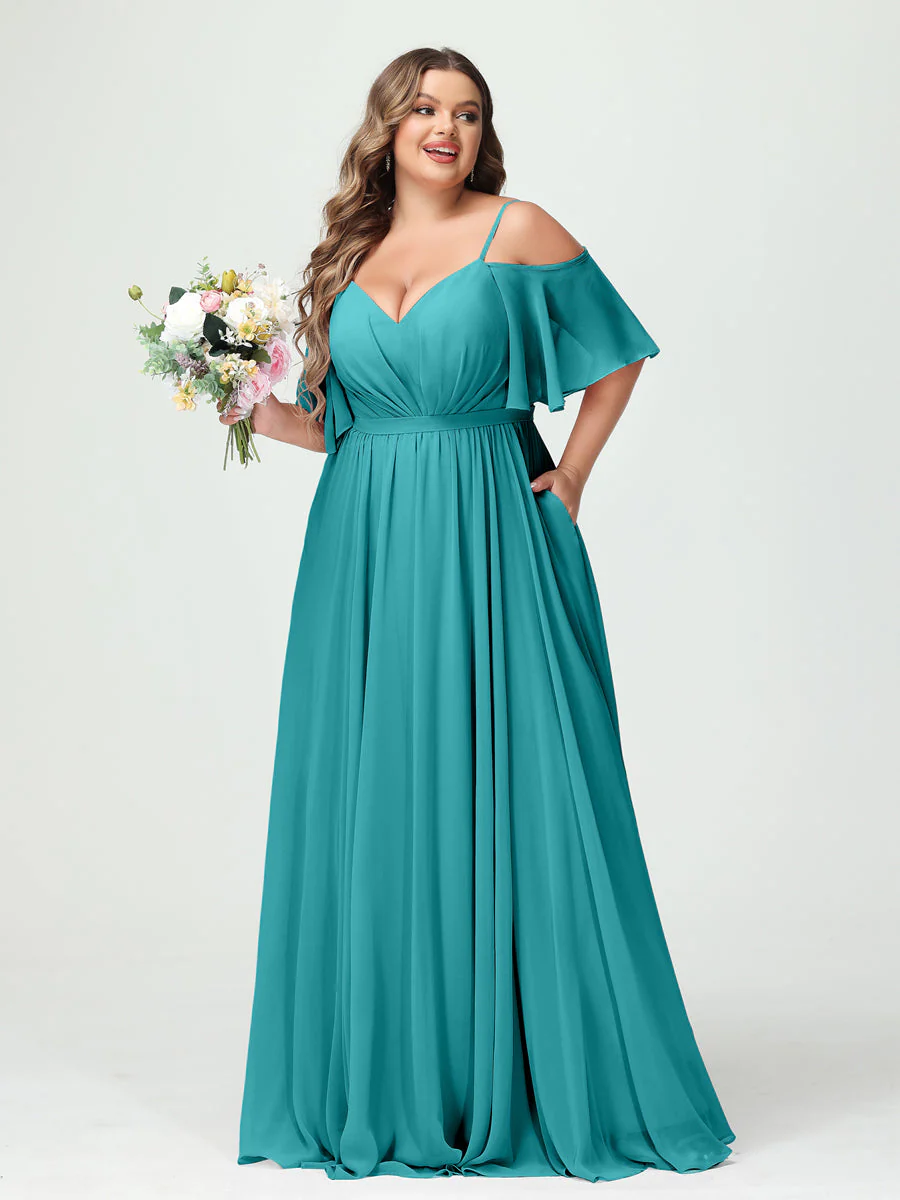 A-Line/Princess/Princess Spaghetti Straps Half Sleeves Chiffon Plus Size Bridesmaid Dresses with Pockets - Image 53