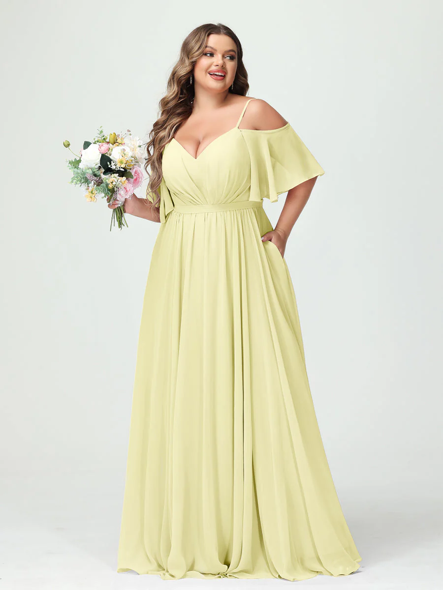 A-Line/Princess/Princess Spaghetti Straps Half Sleeves Chiffon Plus Size Bridesmaid Dresses with Pockets - Image 70
