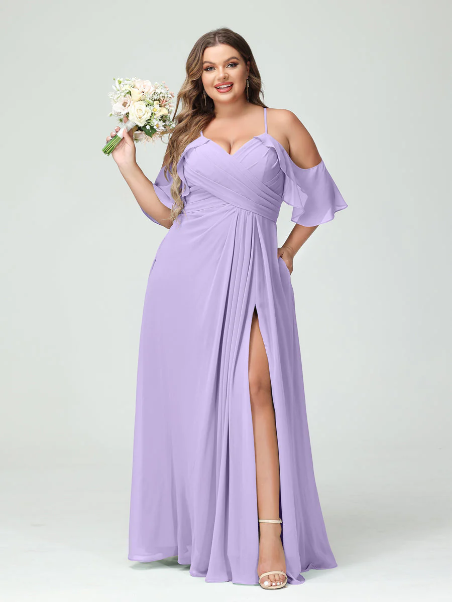 A-Line/Princess/Princess Spaghetti Straps Short Sleeves Chiffon Plus Size Bridesmaid Dresses with Pockets,Ruched Split Side - Image 15
