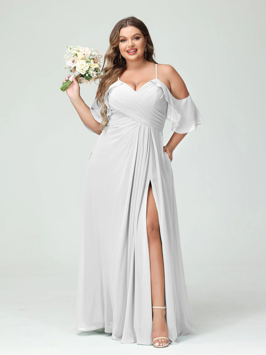 A-Line/Princess/Princess Spaghetti Straps Short Sleeves Chiffon Plus Size Bridesmaid Dresses with Pockets,Ruched Split Side - Image 21