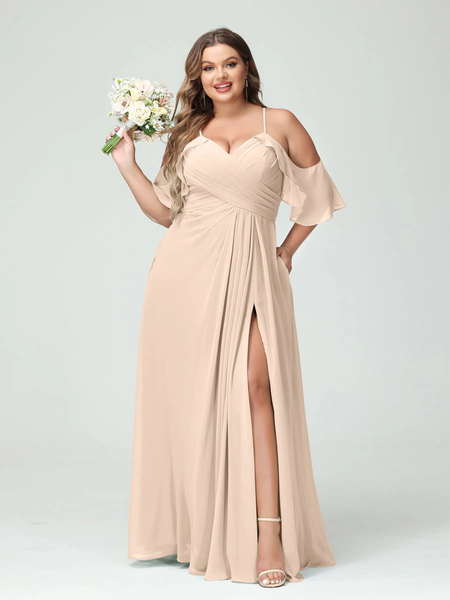 A-Line/Princess/Princess Spaghetti Straps Short Sleeves Chiffon Plus Size Bridesmaid Dresses with Pockets,Ruched Split Side - Image 24