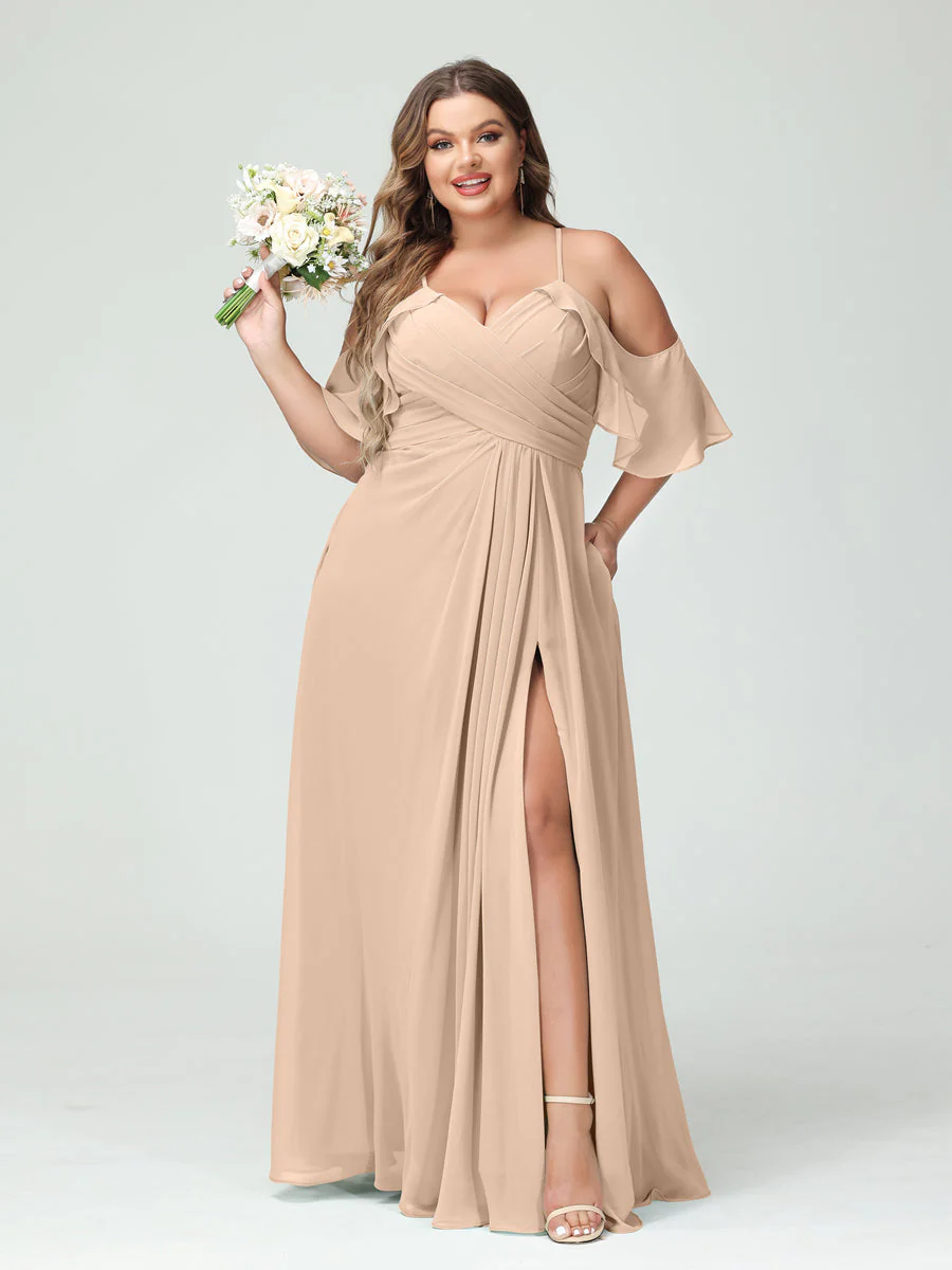 A-Line/Princess/Princess Spaghetti Straps Short Sleeves Chiffon Plus Size Bridesmaid Dresses with Pockets,Ruched Split Side - Image 30