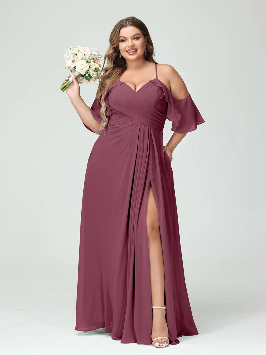 A-Line/Princess/Princess Spaghetti Straps Short Sleeves Chiffon Plus Size Bridesmaid Dresses with Pockets,Ruched Split Side - Image 44