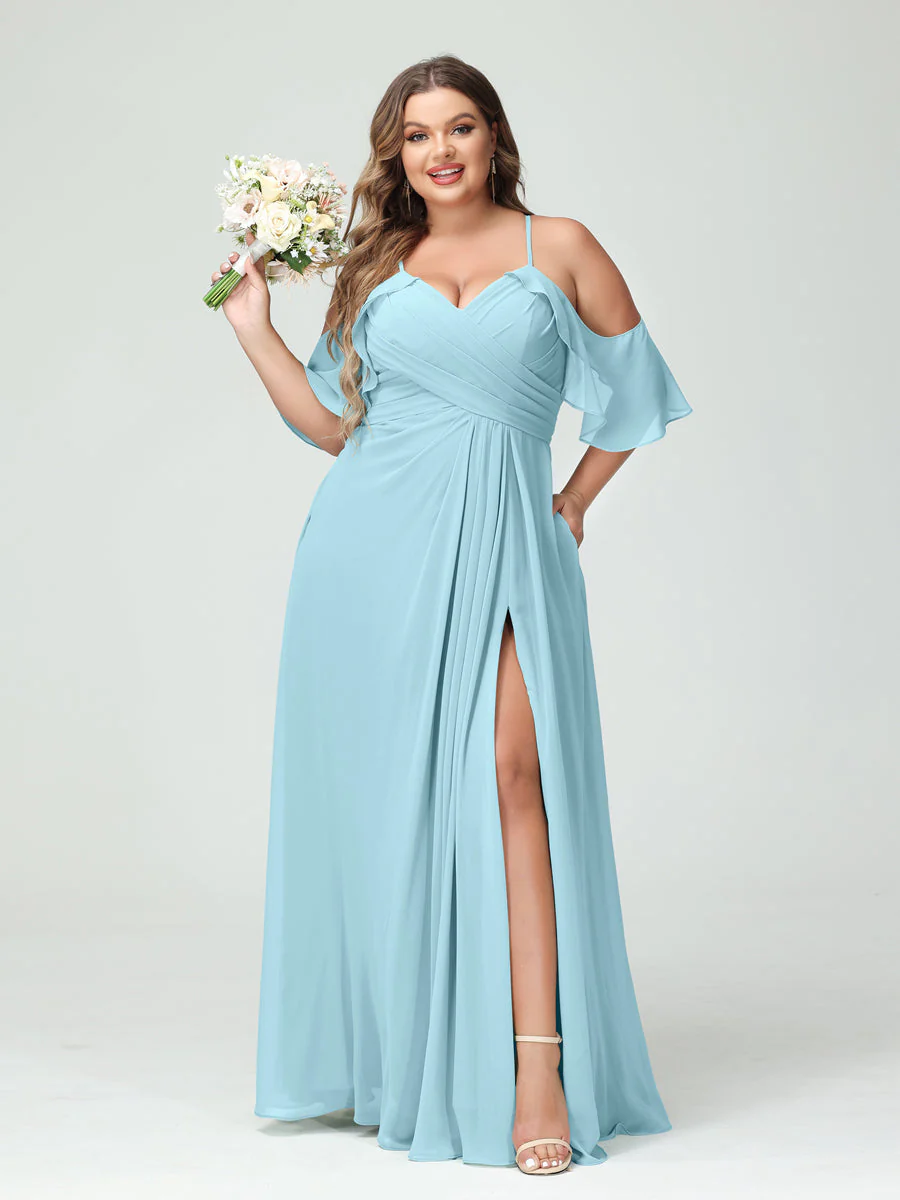 A-Line/Princess/Princess Spaghetti Straps Short Sleeves Chiffon Plus Size Bridesmaid Dresses with Pockets,Ruched Split Side - Image 50