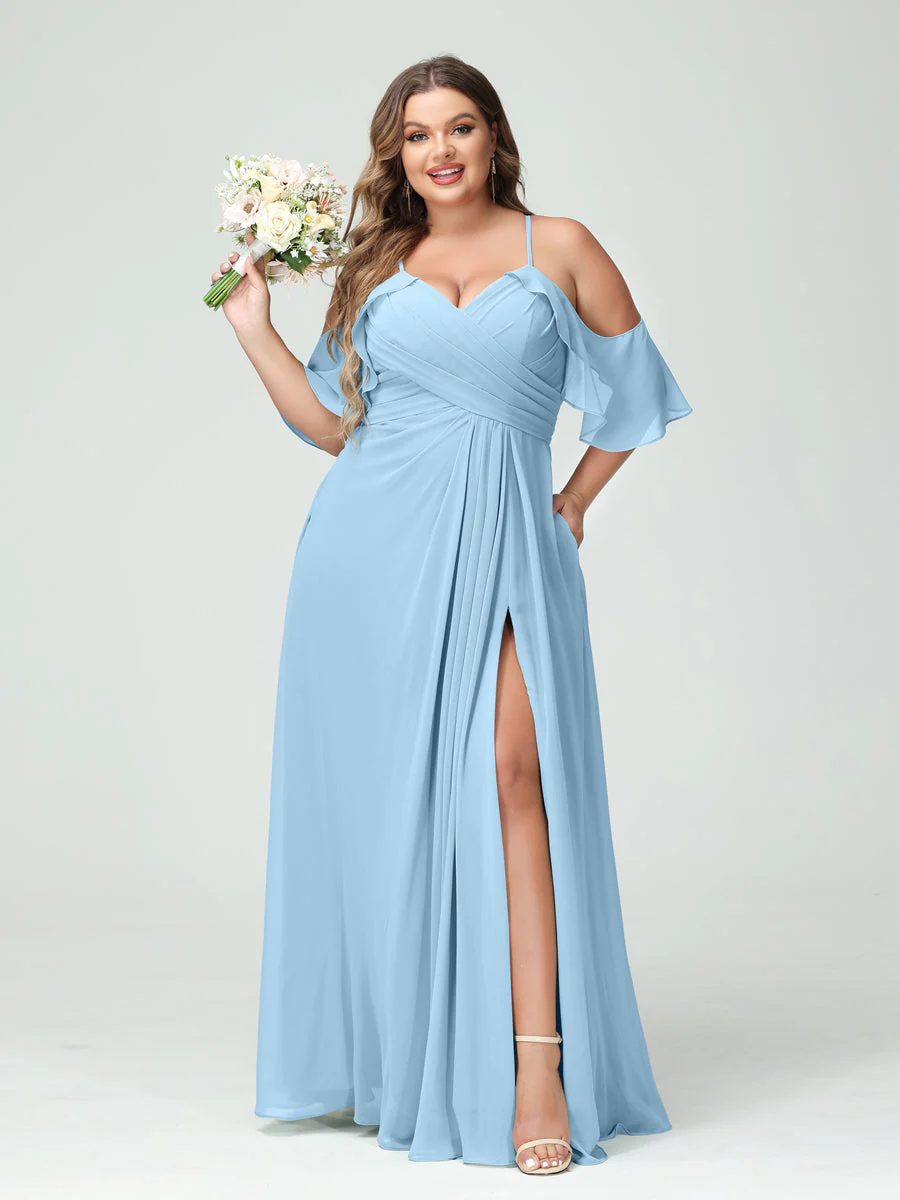 A-Line/Princess/Princess Spaghetti Straps Short Sleeves Chiffon Plus Size Bridesmaid Dresses with Pockets,Ruched Split Side - Image 51