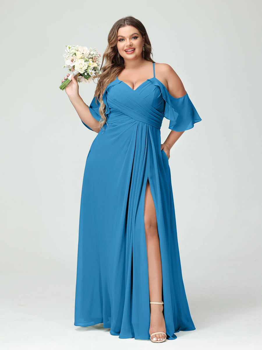 A-Line/Princess/Princess Spaghetti Straps Short Sleeves Chiffon Plus Size Bridesmaid Dresses with Pockets,Ruched Split Side - Image 54