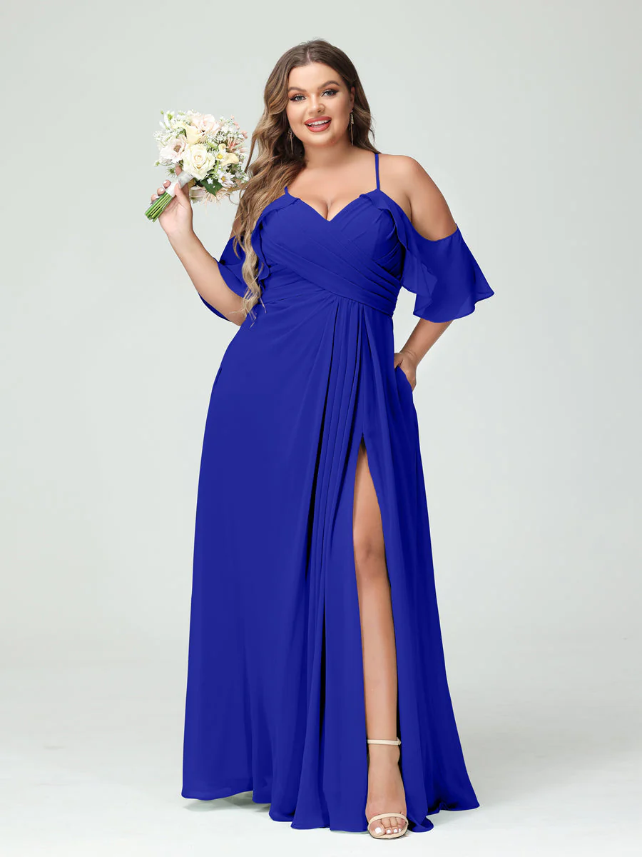 A-Line/Princess/Princess Spaghetti Straps Short Sleeves Chiffon Plus Size Bridesmaid Dresses with Pockets,Ruched Split Side - Image 56