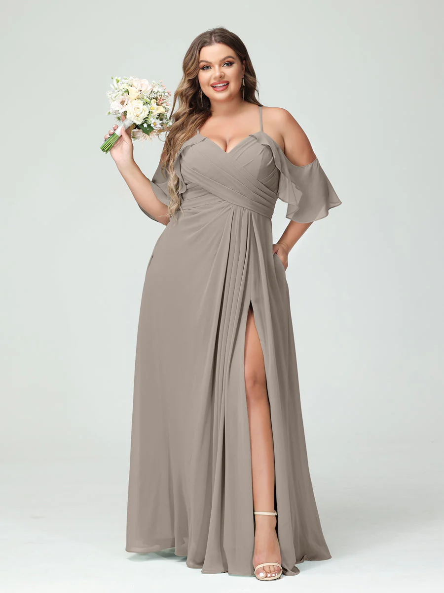 A-Line/Princess/Princess Spaghetti Straps Short Sleeves Chiffon Plus Size Bridesmaid Dresses with Pockets,Ruched Split Side - Image 74