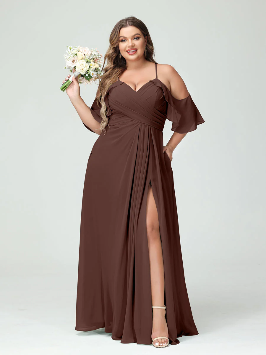 A-Line/Princess/Princess Spaghetti Straps Short Sleeves Chiffon Plus Size Bridesmaid Dresses with Pockets,Ruched Split Side - Image 77