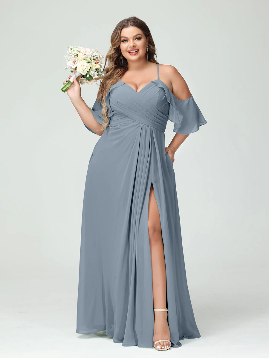 A-Line/Princess/Princess Spaghetti Straps Short Sleeves Chiffon Plus Size Bridesmaid Dresses with Pockets,Ruched Split Side - Image 9
