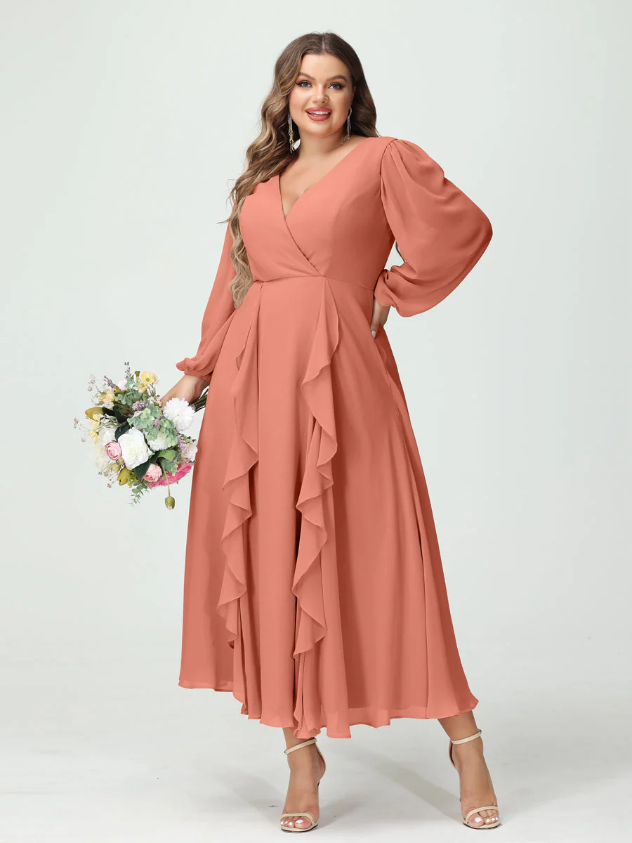 A-Line/Princess/Princess V-Neck Long Sleeves Chiffon Tea-Length Plus Size Bridesmaid Dresses with Pockets & Ruffles - Image 16
