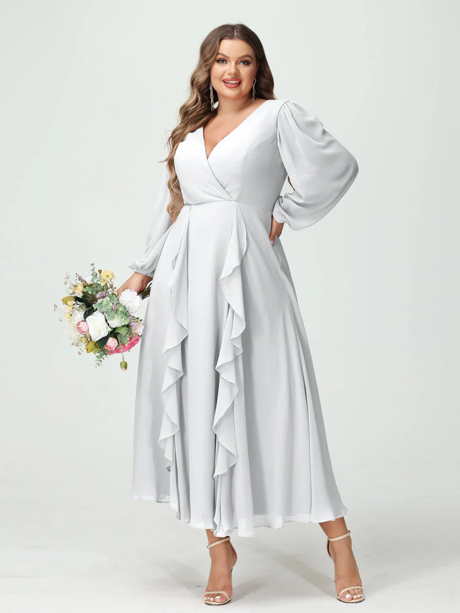 A-Line/Princess/Princess V-Neck Long Sleeves Chiffon Tea-Length Plus Size Bridesmaid Dresses with Pockets & Ruffles - Image 20