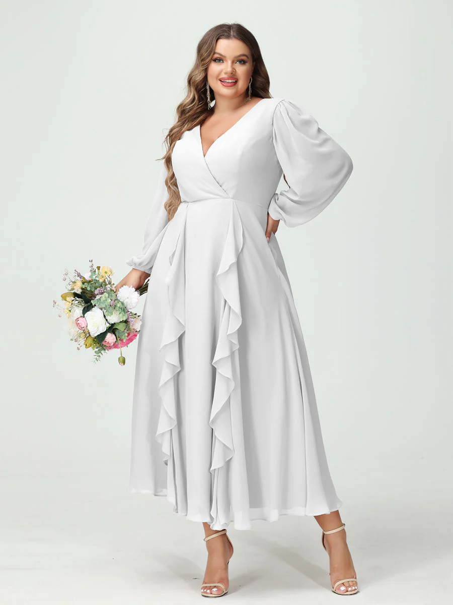 A-Line/Princess/Princess V-Neck Long Sleeves Chiffon Tea-Length Plus Size Bridesmaid Dresses with Pockets & Ruffles - Image 21