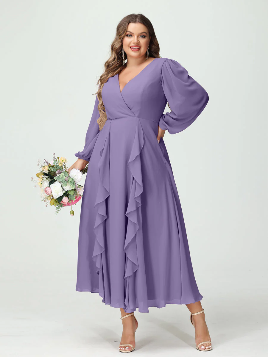 A-Line/Princess/Princess V-Neck Long Sleeves Chiffon Tea-Length Plus Size Bridesmaid Dresses with Pockets & Ruffles - Image 42