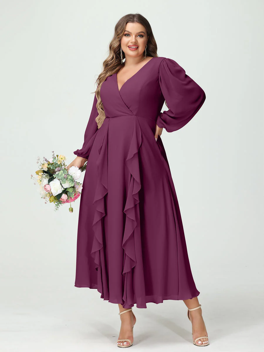 A-Line/Princess/Princess V-Neck Long Sleeves Chiffon Tea-Length Plus Size Bridesmaid Dresses with Pockets & Ruffles - Image 45