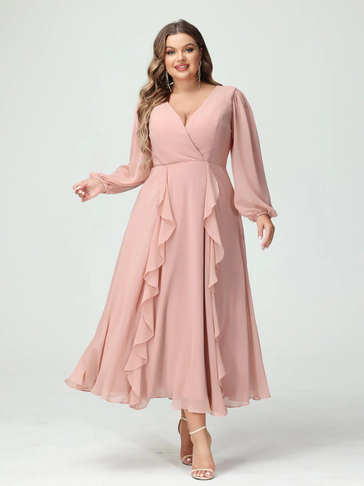 A-Line/Princess/Princess V-Neck Long Sleeves Chiffon Tea-Length Plus Size Bridesmaid Dresses with Pockets & Ruffles - Image 6