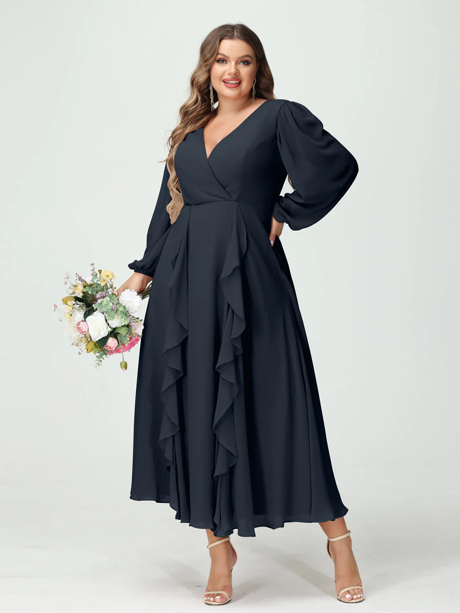 A-Line/Princess/Princess V-Neck Long Sleeves Chiffon Tea-Length Plus Size Bridesmaid Dresses with Pockets & Ruffles - Image 60