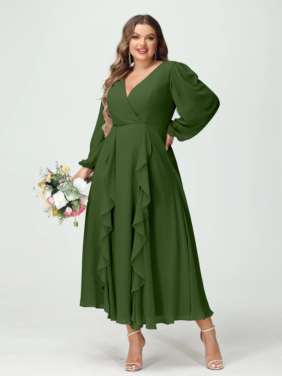 A-Line/Princess/Princess V-Neck Long Sleeves Chiffon Tea-Length Plus Size Bridesmaid Dresses with Pockets & Ruffles - Image 66