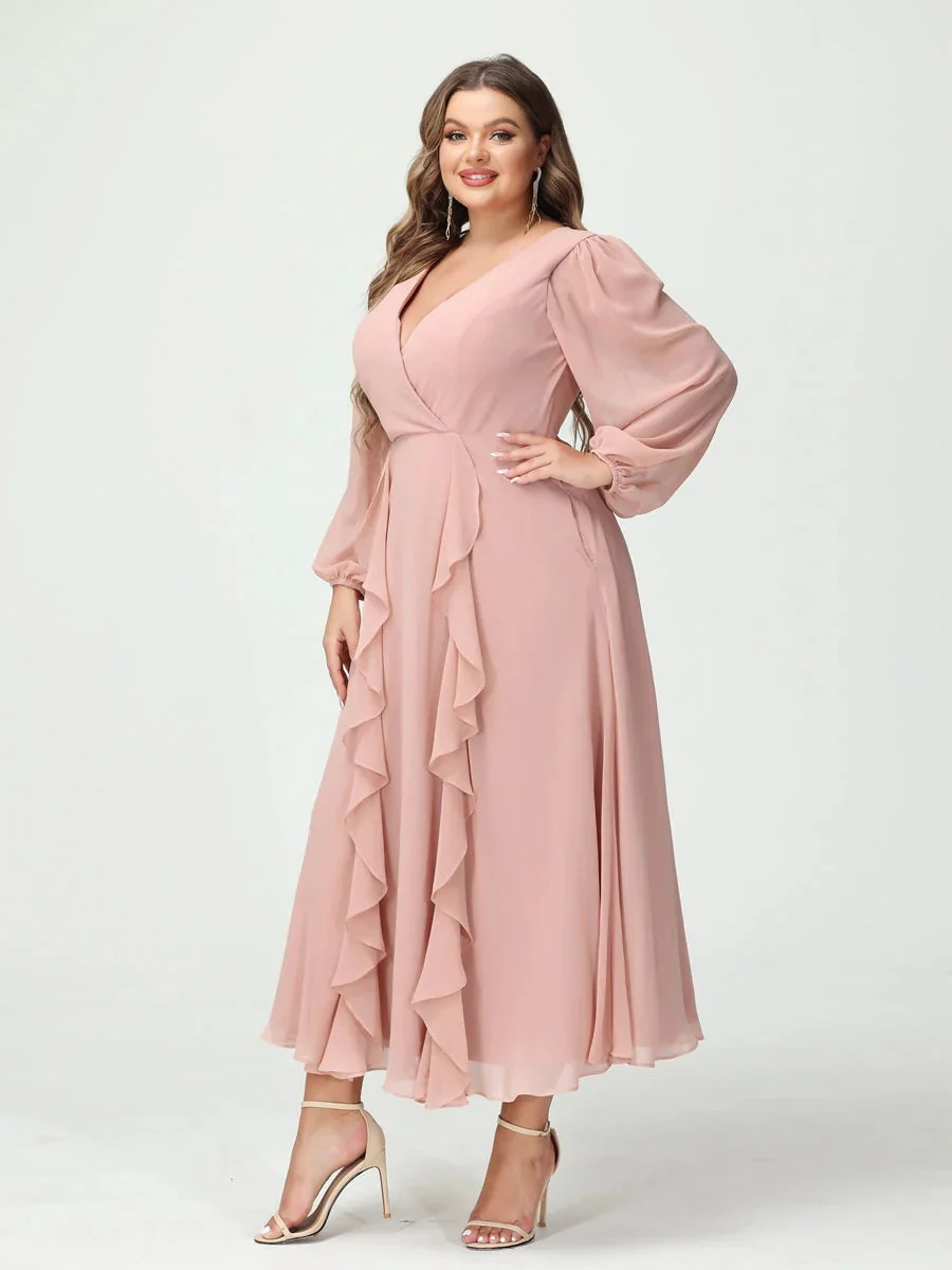 A-Line/Princess/Princess V-Neck Long Sleeves Chiffon Tea-Length Plus Size Bridesmaid Dresses with Pockets & Ruffles - Image 7