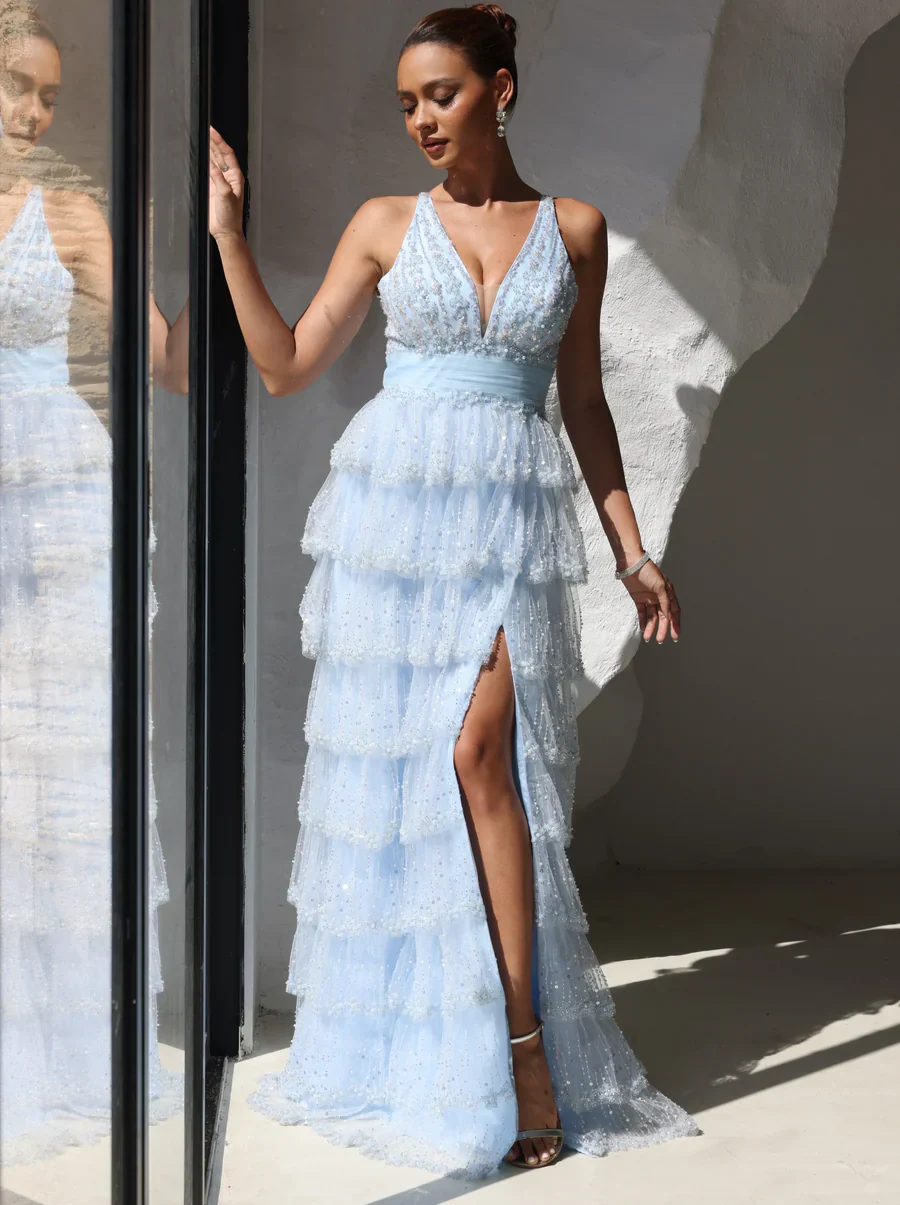 A-Line/Princess Prom Dress Short Sleeves V Neck Sequins Tulle Layered Formal Gowns Long Dresses With Split Side