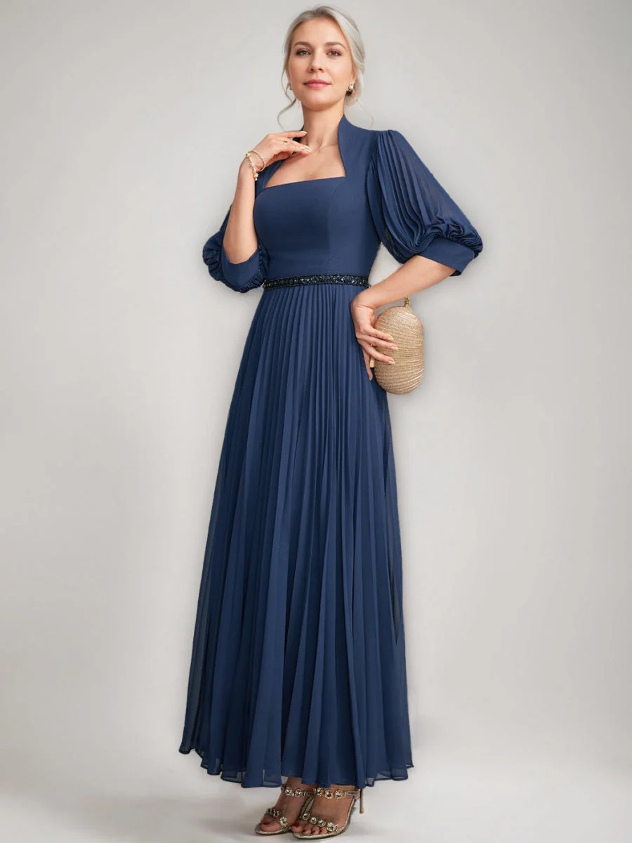A-line/Princess Queen Anne Neckline Ankle-Length Pleated Mother of the Bride Dresses with Sequins & Beads - Image 3