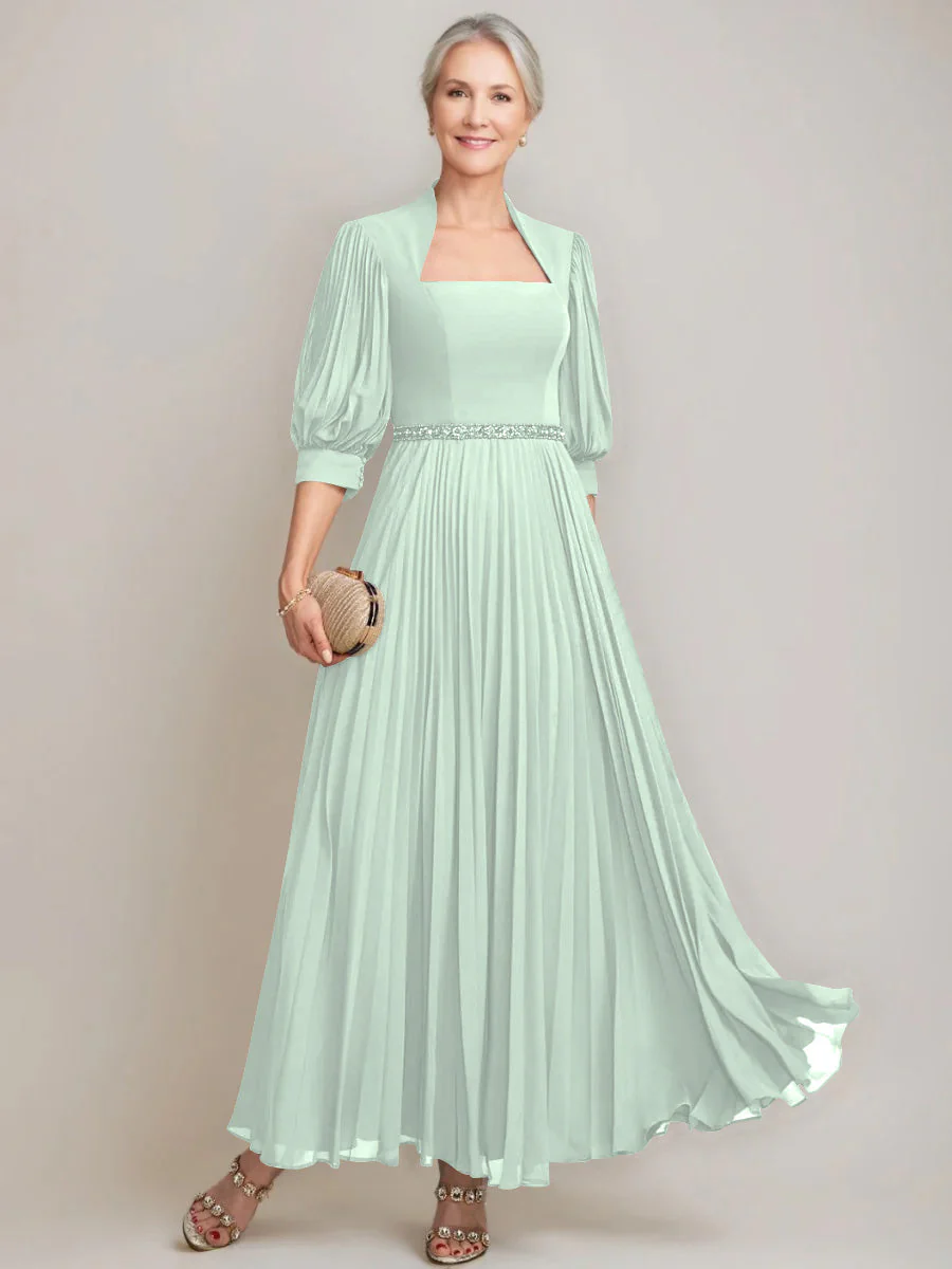A-line/Princess Queen Anne Neckline Ankle-Length Pleated Mother of the Bride Dresses with Sequins & Beads - Image 30