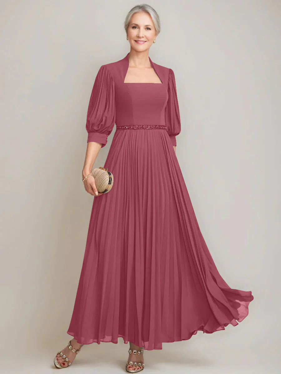 A-line/Princess Queen Anne Neckline Ankle-Length Pleated Mother of the Bride Dresses with Sequins & Beads - Image 31