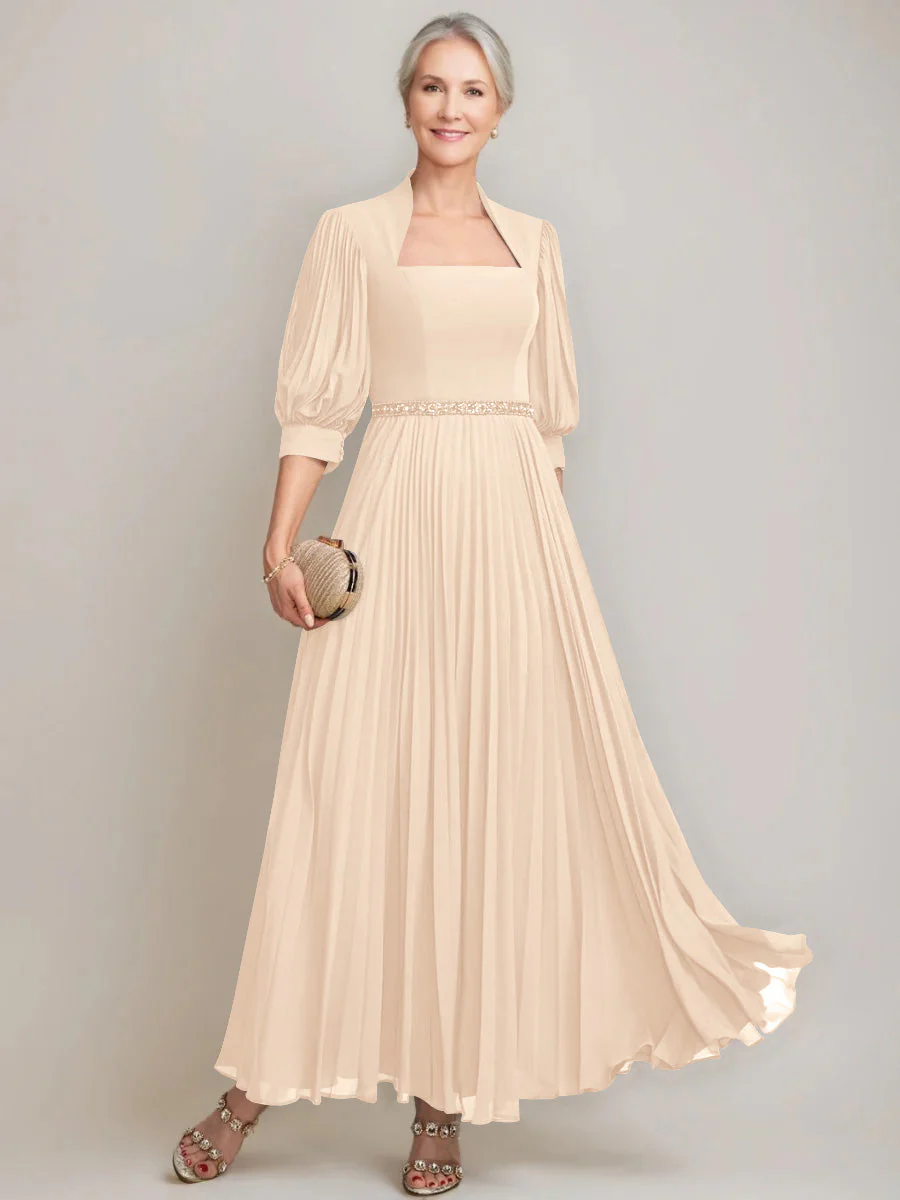 A-line/Princess Queen Anne Neckline Ankle-Length Pleated Mother of the Bride Dresses with Sequins & Beads - Image 36
