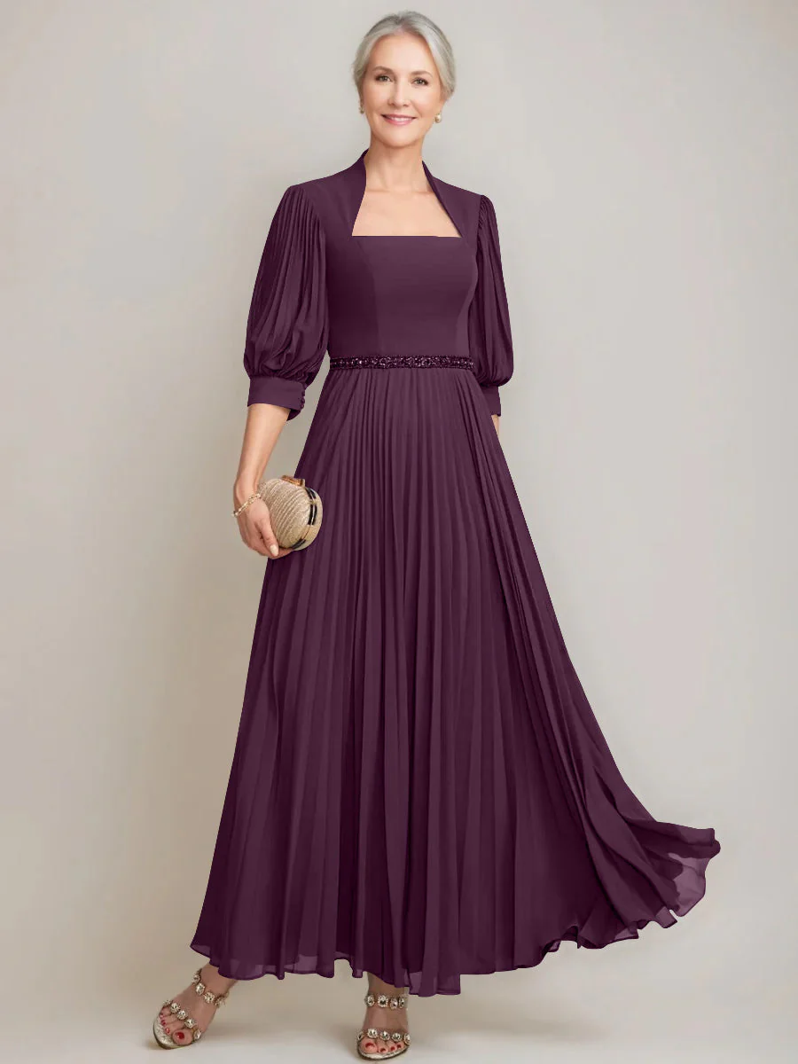 A-line/Princess Queen Anne Neckline Ankle-Length Pleated Mother of the Bride Dresses with Sequins & Beads - Image 38