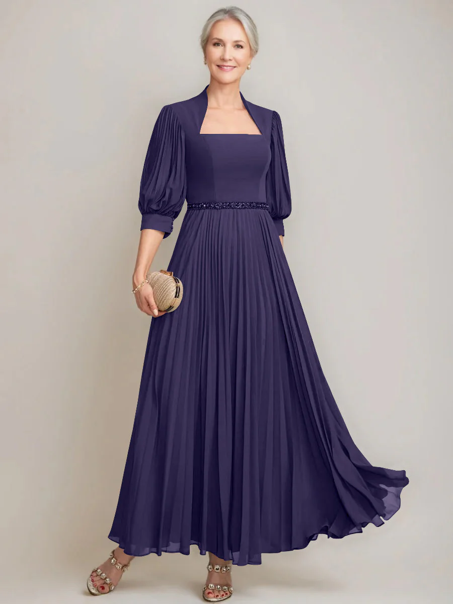 A-line/Princess Queen Anne Neckline Ankle-Length Pleated Mother of the Bride Dresses with Sequins & Beads - Image 41