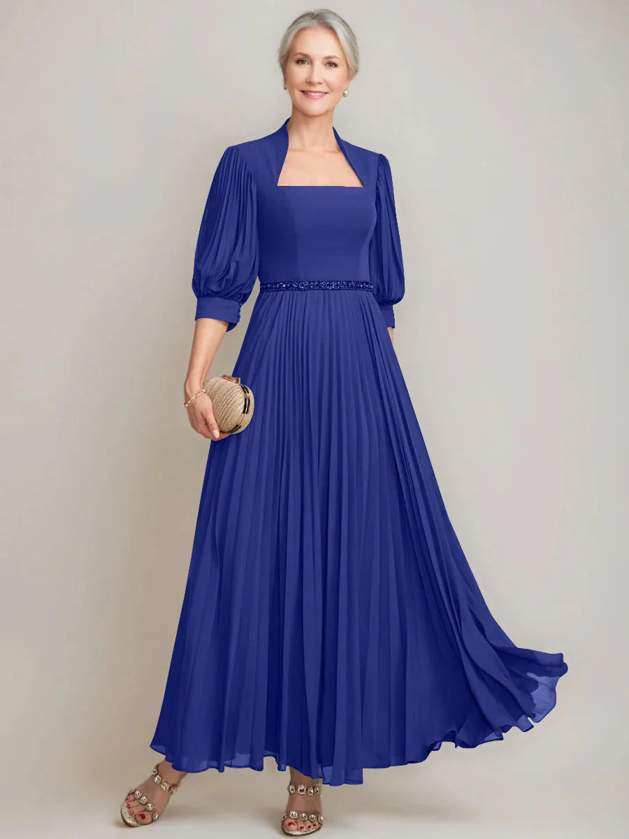 A-line/Princess Queen Anne Neckline Ankle-Length Pleated Mother of the Bride Dresses with Sequins & Beads - Image 42