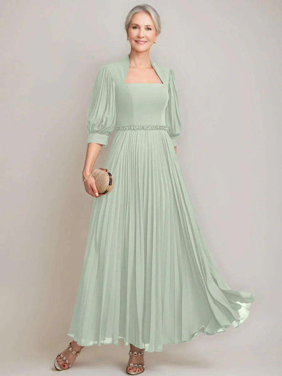 A-line/Princess Queen Anne Neckline Ankle-Length Pleated Mother of the Bride Dresses with Sequins & Beads - Image 43