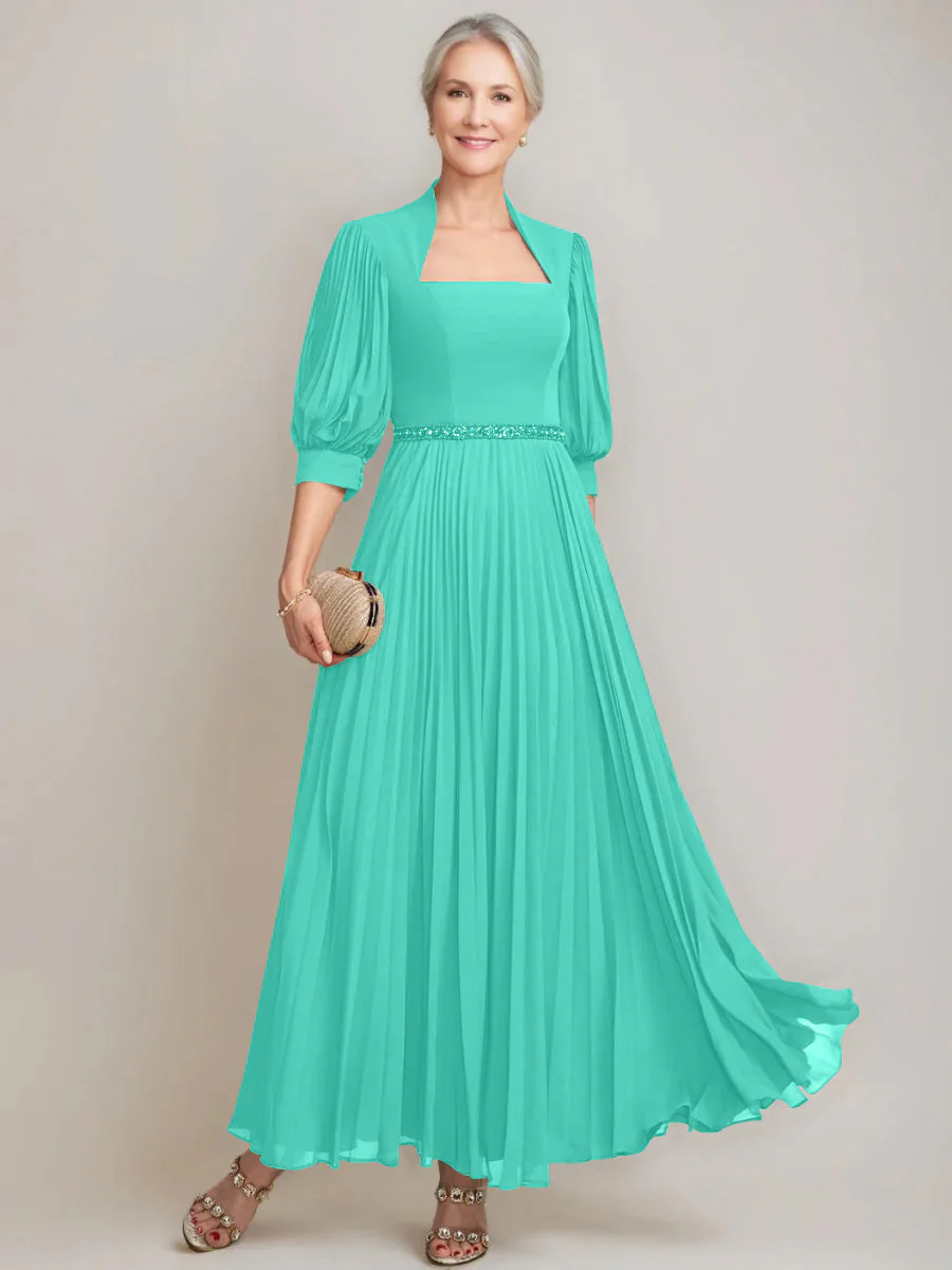 A-line/Princess Queen Anne Neckline Ankle-Length Pleated Mother of the Bride Dresses with Sequins & Beads - Image 45