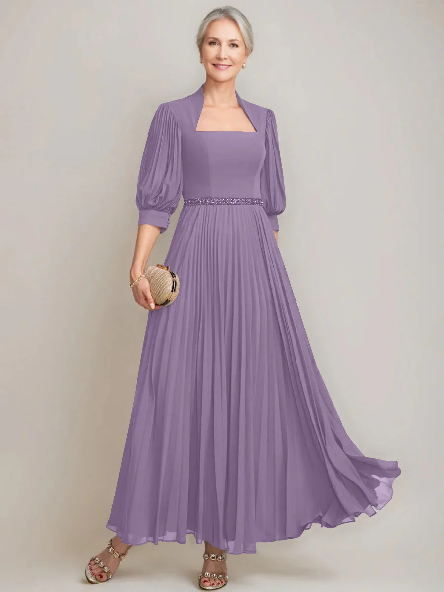 A-line/Princess Queen Anne Neckline Ankle-Length Pleated Mother of the Bride Dresses with Sequins & Beads - Image 47
