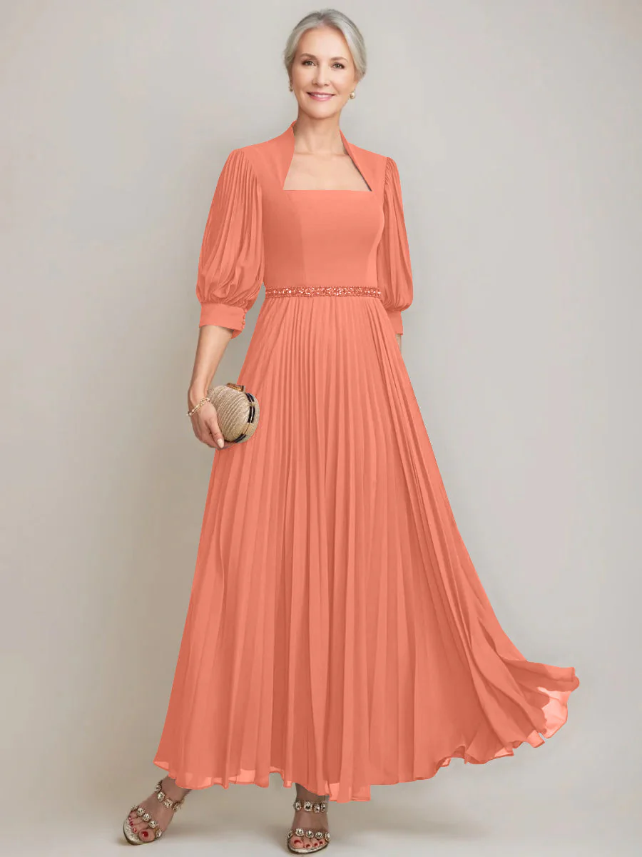 A-line/Princess Queen Anne Neckline Ankle-Length Pleated Mother of the Bride Dresses with Sequins & Beads - Image 49