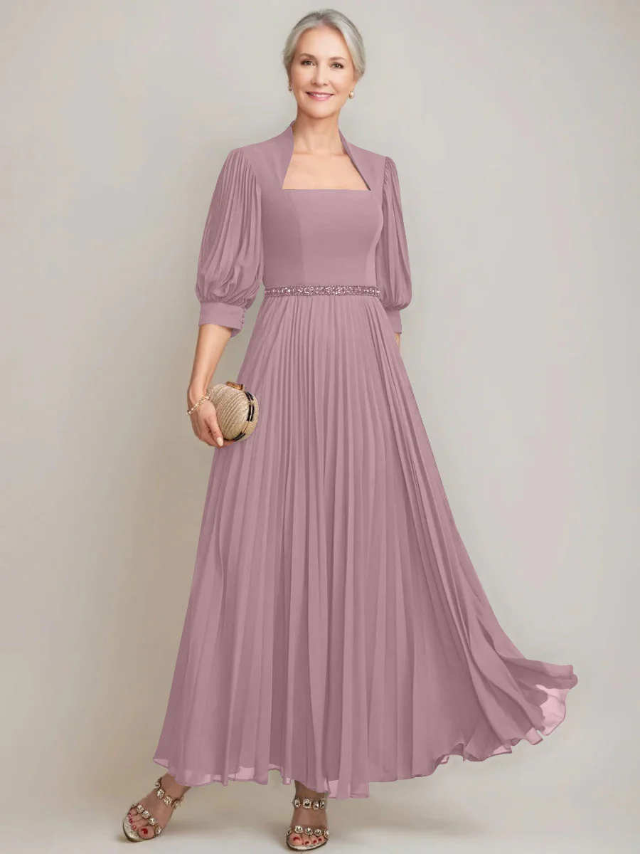 A-line/Princess Queen Anne Neckline Ankle-Length Pleated Mother of the Bride Dresses with Sequins & Beads - Image 52
